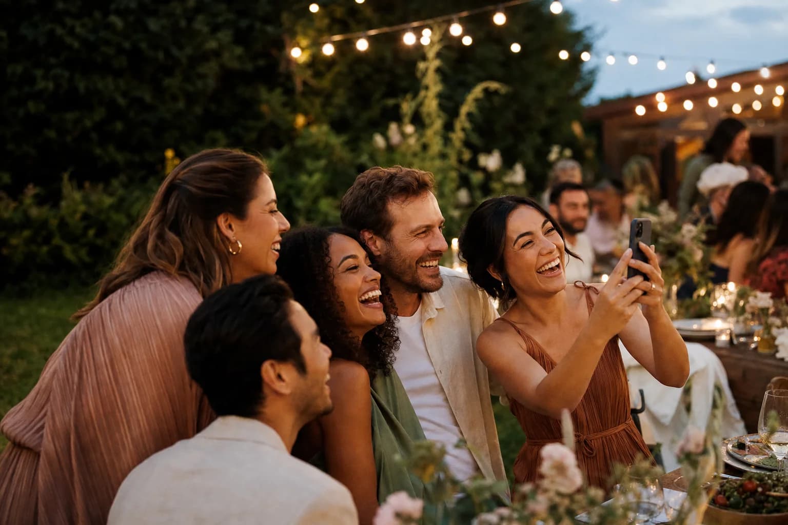 Friends sharing photos together at an outdoor celebration